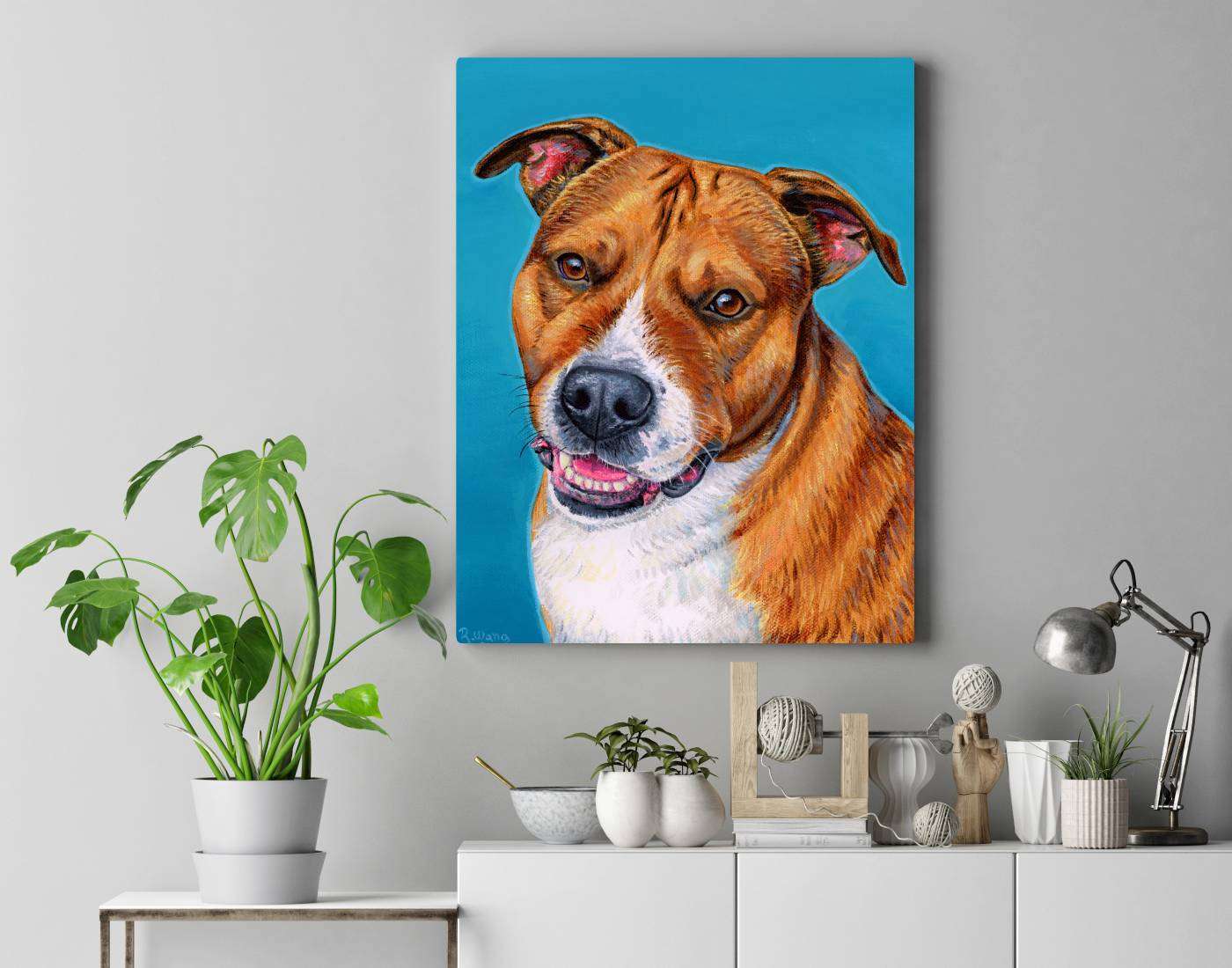 A colorful pet portrait of a pitbull dog named Cooper.