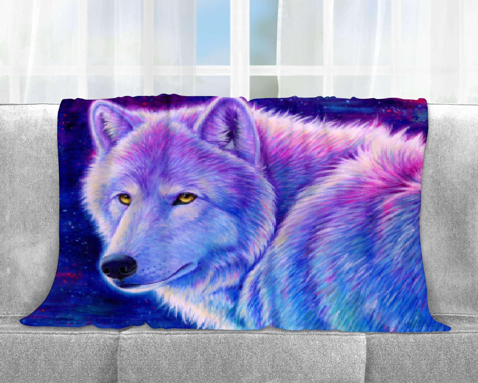 Fleece blanket of a colorful white wolf spirit